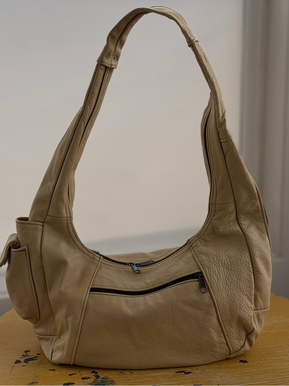Everyday Taupe Leather Shoulder Bag with Front Zip Pocket